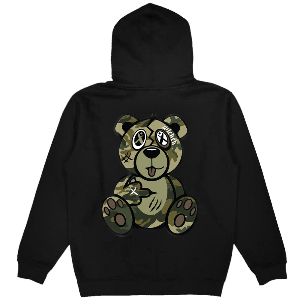 Army Green Camo Front/Back Wicked Bear Hoodie - Black