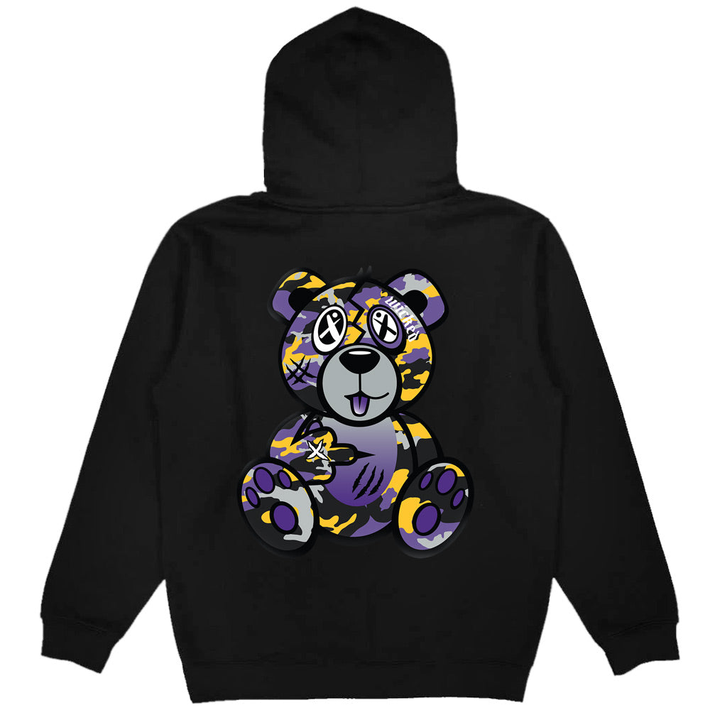 Purple & Gold Camo Front/Back Wicked Bear Hoodie - Black