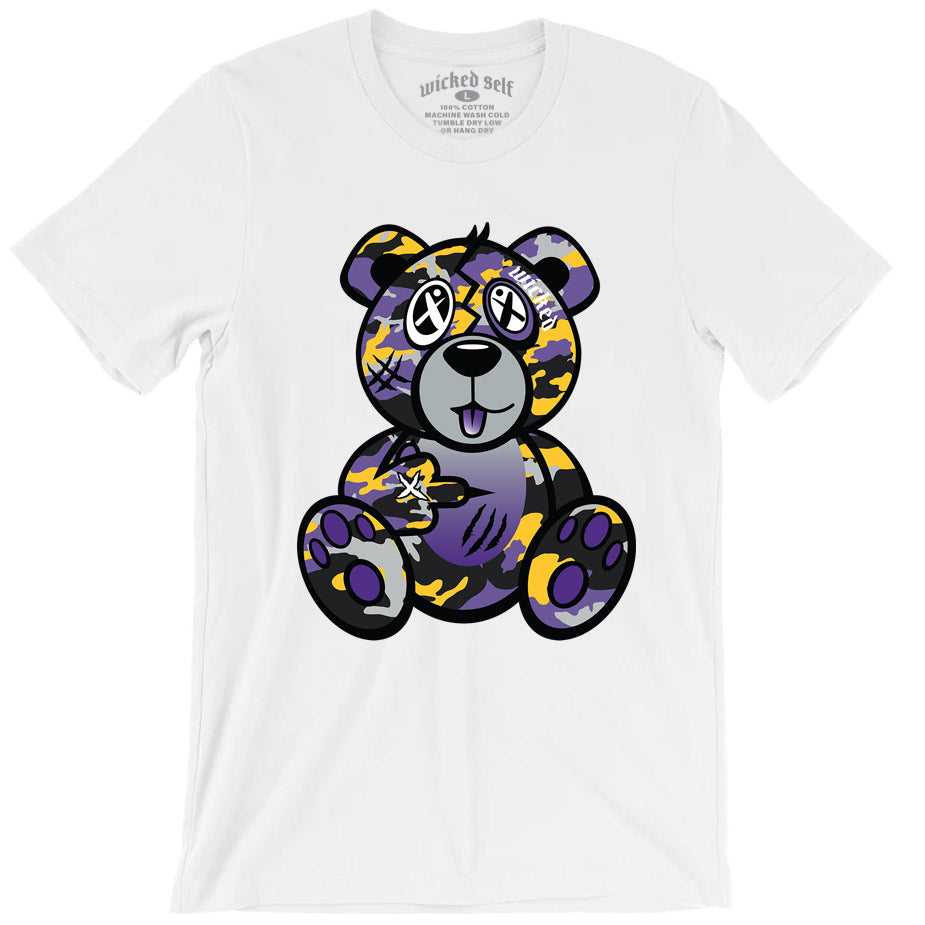 Purple & Gold Camo Wicked Bear T-Shirt - White