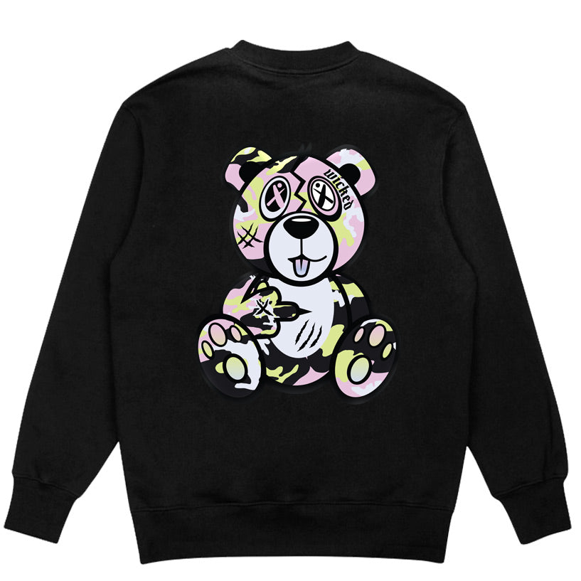 Arctic Pink Volt Camo Wicked Bear Crewneck Sweatshirt - Black