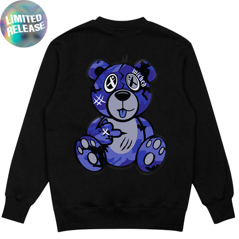 Indigo Blue Camo Wicked Bear Crewneck Sweatshirt - Black