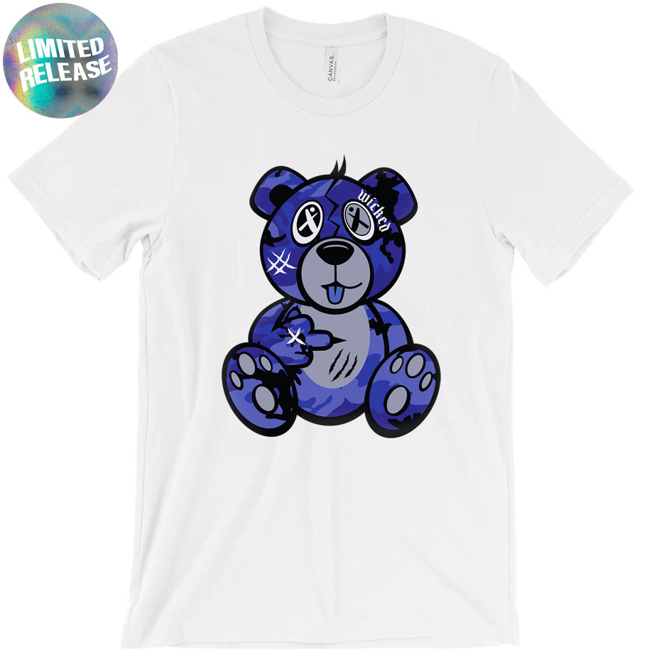 Indigo Blue Camo Wicked Bear T-Shirt - White