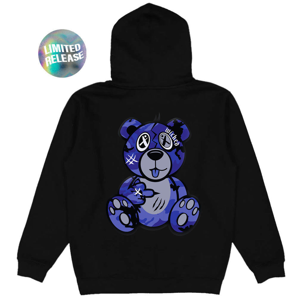 Indigo Blue Camo Front/Back Wicked Bear Hoodie - Black