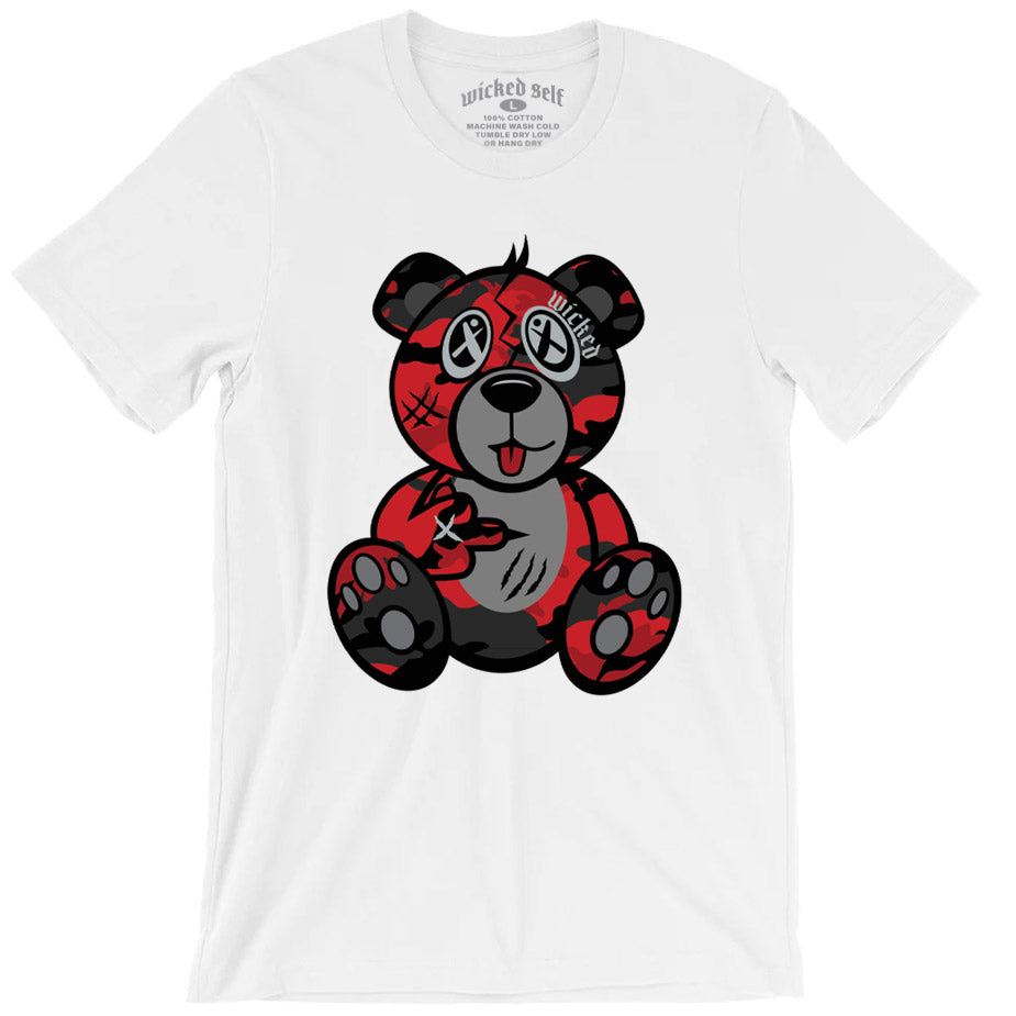 Red & Black Camo Wicked Bear T-Shirt - White